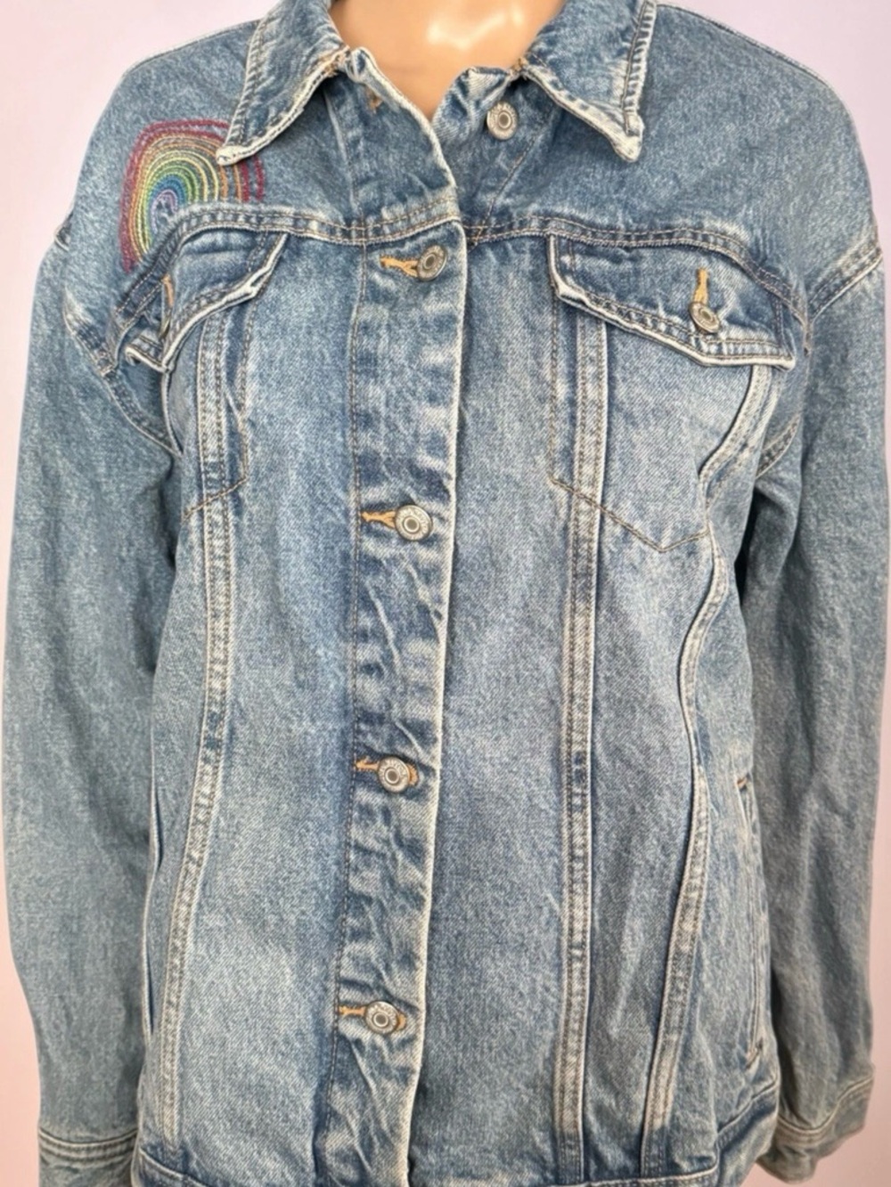 Old Navy Light Blue Denim Jean Jacket with Rainbow Patch